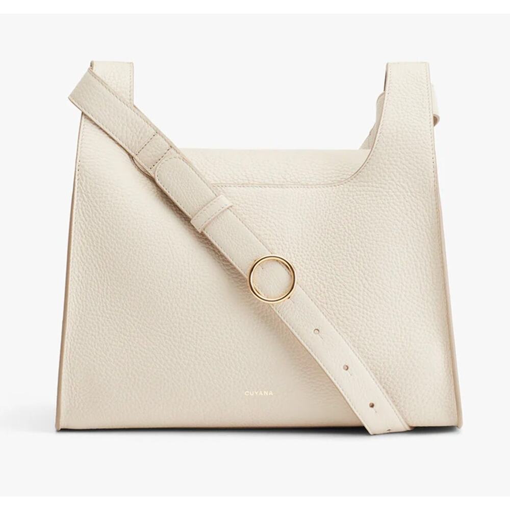 Cuyana Double Loop Bag Crossbody Ecru Pebbled Leather Medium Cream Ivory Beige